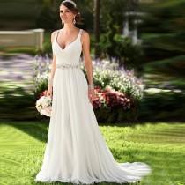wedding photo - V Neckline Open Back Wedding Dress Crystal Beaded White Chiffon Wedding Dress