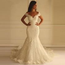 wedding photo - Lace Applique Off Shoulder Mermaid Style Wedding Dress Bohemian Wedding Dress