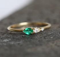 wedding photo - Emerald And Diamond Ring, Diamond Emerald Ring, Cluster Ring, Three Stone Ring, Tiny Cluster Ring, Emerald Cluster Ring, Emerald Pear Ring