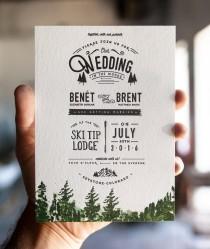 wedding photo - Letterpress and Watercolor Mountain Wedding Invitation: Rustic Trees and Forest