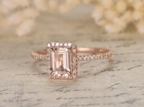 wedding photo - 6x8mm Emerald Cut Morganite Ring 14K Rose Gold Morganite Engagement Ring Emerald Cut Engagement Ring Diamond Pave Ring