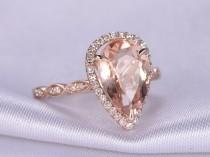wedding photo - 8x12mm Pear Cut Pink Morganite Engagement ring,14k Rose gold Morganite Ring,diamond Wedding Ring,Bridal Ring,art deco antique style,Marquise