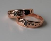wedding photo - Tree of Life Wedding Band Set 14K Rose Gold, 5.5mm tapered his-hers-his hers unisex tree design