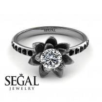 wedding photo - Unique Engagement Ring Diamond ring 14K White Gold Flower White diamond With Black Diamond - Lotus Engagement Ring