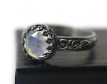 wedding photo - Rainbow Moonstone Engagement Ring, Rose Cut Rainbow Gemstone Jewelry, Oxidized Silver Floral Womens Ring
