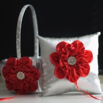 wedding photo -  Red Flower Girl Basket \ Red Ring Bearer Pillow \ Red Wedding Basket \ Silver Wedding Pillow \ Silver Basket Pillow Set \ Silver Ring Holder - $32.00 USD
