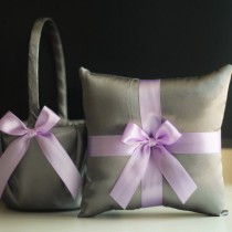 wedding photo -  Violet Wedding Basket   Gray Ring Bearer Pillow \ Gray Purple Flower girl basket \ Wedding Ring Holder \ Lilac Wedding Bearer basket set