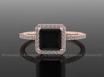 wedding photo - Princess Cut Black Diamond Engagement Ring, White And Black Diamond 14k Rose Gold Halo Ring, Wedding Ring Re0010