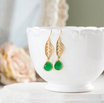 wedding photo - Gold Leaf Earrings, Emerald Green Earrings, Dangle Earrings, Leaf Jewelry, Woodland Wedding, Bridesmaid Earrings, May Birthstone Jewelry