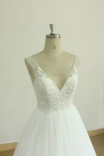 wedding photo - Open back deep V neckline off white a line tulle lace wedding dress with cathedral train