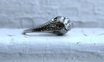 wedding photo - Vintage Filigree 18K White Gold Solitaire Diamond Engagement Ring - 0.55ct