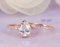 wedding photo - 1.96 ctw Pear Diamond Simulated, Halo Ring Half Eternity Wedding Engagement, Rose Gold Plated Sterling Silver Ring Set_ sv2208
