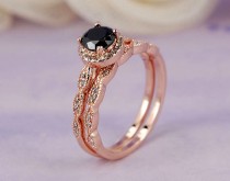 wedding photo - 1.03 ctw Round Halo Ring, Man Made Black CZ, Rose Gold Plated Sterling Silver Engagement Wedding Ring Set_ sv2251