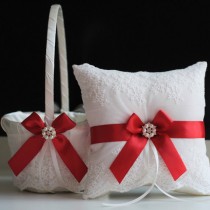 wedding photo -  Red Ring Bearer Pillow \ Red Flower Girl Basket \ Wedding Ring Holder \ Red Wedding Basket Pillow Set \ Red Wedding Pillow \ Red Ring Pillow