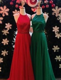 wedding photo - Simple Halter Backless Floor Length Red/Hunter Prom Dress with Beading
