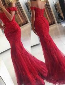 wedding photo - Fancy Off Shoulder Sweep Train Mermaid Red Prom Dress with Sash Lace