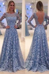 wedding photo - Blue Backless Lace Long Sleeves Jewel Bowknot Sweep Train Long Prom Dress