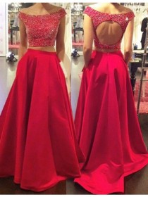 wedding photo -  Buy A-Line Bateau Cap Sleeves Long Red Two Piece Prom Dress with Beading Red, from for $339.99 only in Main Website.