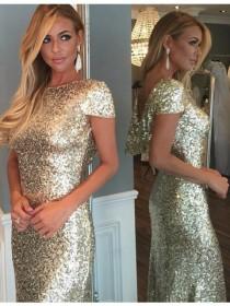 wedding photo - Buy Mermaid Bateau Short Sleeves Open Back Sweep Train Silver Prom Dress Silver, from for $294.99 only in Main Website.