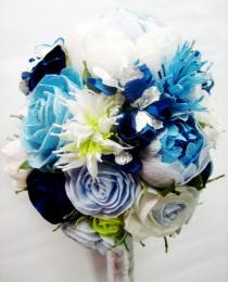 wedding photo - wedding bridal bridesmaids bouquet White Royal Navy Blue turquoise teal paper flowers rose peony aqua flower girl bouquet beach wedding