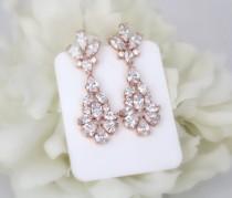 wedding photo - Rose Gold earrings, Long Bridal earrings, Wedding jewelry, Crystal earrings, Art Deco earrings, Wedding earrings, Chandelier earrings