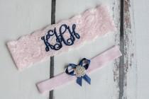 wedding photo - Blush Pink Lace Garter Set Personalized Monogrammed