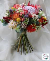 wedding photo - Rustic bouquet.  Bride, bridesmaid bouquet of rustic, native flowers.  Protea, banksia, wattle, gumnuts.  Australian wedding flowers.
