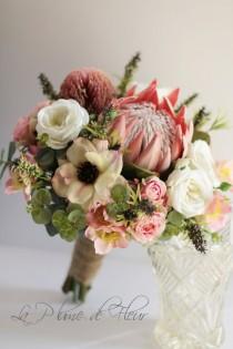 wedding photo - Melba - Bride's bouquet. Australian natives and cottage flowers.  Protea, banksia, gum, roses, anemones, wildflowers & wild pepper berries.