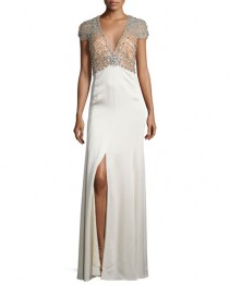 wedding photo - Sequined-Bodice Deep-V Gown, Illusion/Glass