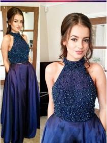 wedding photo - Buy Magnetic Navy Blue Two Piece Halter Floor-Length Beading Prom Dress Navy Blue, from for $424.99 only in Main Website.