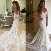 wedding photo - Sexy Mermaid Spaghetti Backless Lace Bridal Gown, Wedding Party Dresses, WD0053