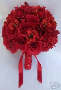 wedding photo - 17 Piece Package Wedding Bridal Bride Maid Of Honor Bridesmaid Bouquet Boutonniere Corsage Silk Flower APPLE RED "Lily of Angeles" RERE03