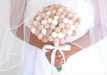 wedding photo - Bridal Wedding Bouquet, Neutral Needle Felted Wool, Craspedia, Rustic, Off White, Brown, Tan, Pink, Everlansting