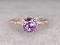 wedding photo - Natural Amethyst Engagement ring,Halo Diamond wedding ring,14K Rose Gold Band,7mm Round Cut Purple stone Promise Ring,Bridal Ring,New Design