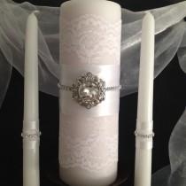 wedding photo - Unity Candle Set Vintage Look. White Lace Covered Pillar w Bling and Silver Accent. Tapers w White Lace and Satin Ribbon. Wedding
