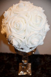 wedding photo - WHITE Wedding pomander real touch roses wedding flower ball kissing balls, WEDDING CENTERPIECE,  flower girl