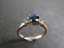 wedding photo - Engagement Ring / Blue Sapphire and White Sapphire Engagement Ring / Sapphire Jewelry / Blue Sapphire Wedding Ring 14K Yellow Gold