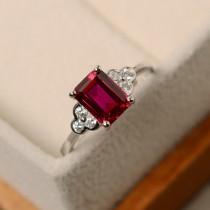 wedding photo - Lab ruby ring, rectangle ring, July birthstone ring, red ruby ring, rectangle ring