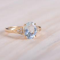 wedding photo - Oval Shape Aquamarine Engagement Ring,14k Yellow Gold Ring,Diamond Wedding Band,Blue Gem Ring Yellow Gold,Engagement Ring Yellow Gold