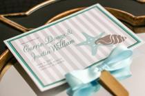 wedding photo - Wedding Programs, Fan Programs, Ceremony, Beach or Destination Wedding, Aqua, Ivory and Taupe - "Starfish and Shell" Fan Program - DEPOSIT