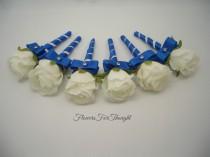 wedding photo - White Rosebud Boutonniere with Royal Blue Ribbon, Mens Wedding Flower, Groomsmen Lapel Bloom Pin