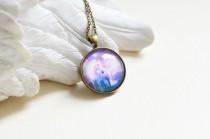 wedding photo - Magic Night //  Round pendant metal brass with Pegasus under glass // A horse with wings // Purple, pink, blue, violet