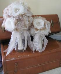 wedding photo - Burlap Bridal Bouquet With Matching Bridesmaids Bouquet  Pink Champagne and Ivory