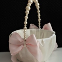 wedding photo -  Pearl Wedding Basket  Ivory Wedding Basket with Pearl handle  Pink Flower Girl Basket  Pink Wedding Ceremony Basket with pearls