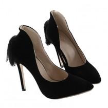 wedding photo - Back Heel Tassel Pointed Thin High Heel Low-cut Wedding Shoes Black