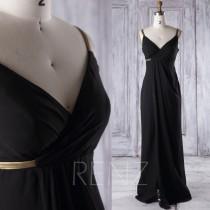 wedding photo - 2016 V Neck Black Chiffon Bridesmaid Dress Empire Waist, Gold Belt Backless Wedding Dress, Ruffle Split Prom Dress Floor Length (J075)