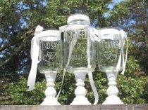 wedding photo - Farmhouse Distressed Unity Sand Set Mason Jars Shabby Chic Personalized Toasting Glasses Linked Hearts Country Barn Wedding Wood Stands