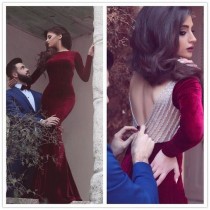 wedding photo - Fashion Red Velet Mermiad Long Sleeves Backless Prom Dress with Beading from Tidetell