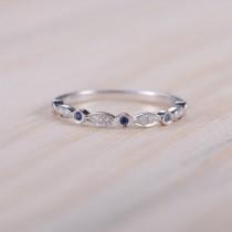 wedding photo - Blue Sapphire Band Diamond Band Half Eternity Ring Sapphire White Gold Ring Diamond Wedding Band Anniversary Ring Promise Ring Bridal Set