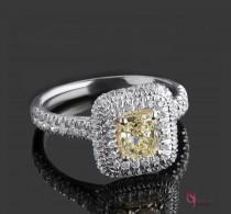 wedding photo - Natural Fancy Yellow Diamond Radiant Cut Engagement Ring, 1.34 TCW, Double Halo Diamond Ring, Yellow Diamond Ring, 18k White Gold